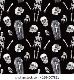 Creepy skull seamless pattern. Watercolor spooky Halloween illustration. Dead men, skeleton, coffin on black background. Print in vintage goth style.