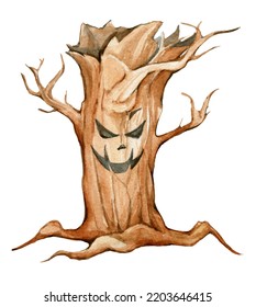 Creepy Tree, Cartoon Style. Watercolor Drawing, But Isolated Background, For The Holiday, Halloween