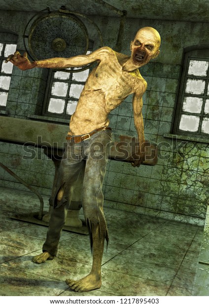 A creepy zombie standing in a morgue. 3D Illustration.