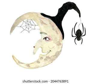 Crescent moon character and witch face  hat  spider   spider web  Halloween watercolor  hand drawn image in cartoon style 