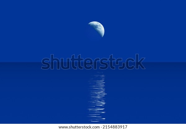 Crescent moon in clear dark blue sky and\
moonlight path reflecting in wavy water surface, rural dark\
minimalist night natural landscape in blue light, computer graphics\
illustration, blue\
background