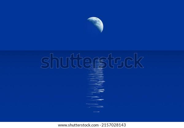 Crescent moon in clear dark blue sky and\
moonlight path reflecting in wavy water surface with dark horizon,\
rural dark minimalist night natural landscape in blue light,\
computer graphics\
illustration