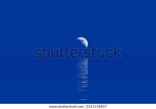 Crescent moon in clear dark blue sky over horizon and\
moonlight path reflecting in wavy water surface, rural dark\
minimalist night natural landscape in blue light, computer graphics\
illustration \
3D