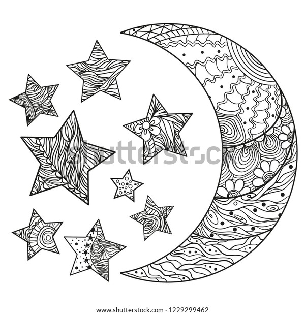 Crescent on white. Moon and stars with abstract\
patterns on isolation background. Zentangle. Design for spiritual\
relaxation for adults. Black and white illustration for anti stress\
colouring page