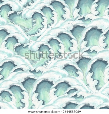 Crest of wave seamless pattern, whitecaps, foam, bubbles. Pastel turquoise watercolor illustration isolated from background. Cresting mint, blue colours of water. Hand drawn illustration, kids design.