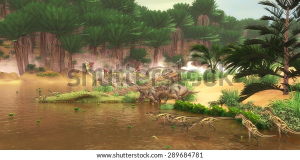 Cretaceous\
Dinosaur River - A serene look at a Cretaceous river with many\
different dinosaurs coming for a drink of water including\
Diabloceratops, Olorotitan and\
Deltadromeus.