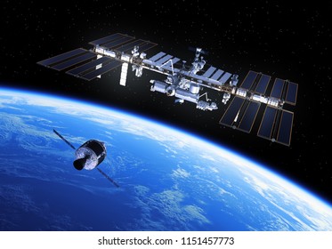 Crew Exploration Vehicle Is Preparing To Dock With International Space Station. 3D Illustration.