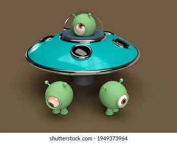 A crew of three Spheric aliens with their Flying saucer. 3d Illustration