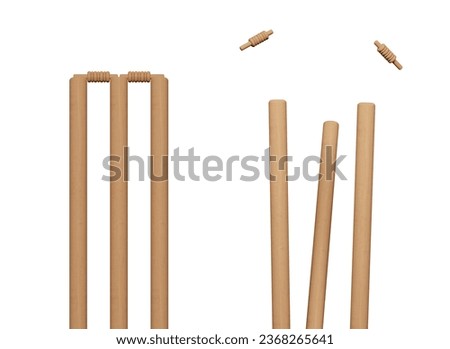 Cricket ball hitting wicket stumps knocking bails out against blue sky background. Bails fly from cricket stumps as ball hits on grass field. Close-up of cricket stumps and bails. 3D Rendering Foto stock © 