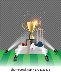 Cricket championship poster design template. realistic illustration of winner gold cup, cricket game equipment standing on white round podium illuminated by floor lights, background