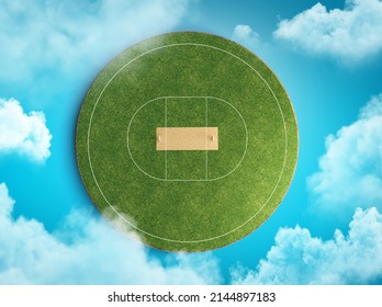 Cricket Field. Cricket Stadium On Sky Blue Background And Clouds 3d Illustration