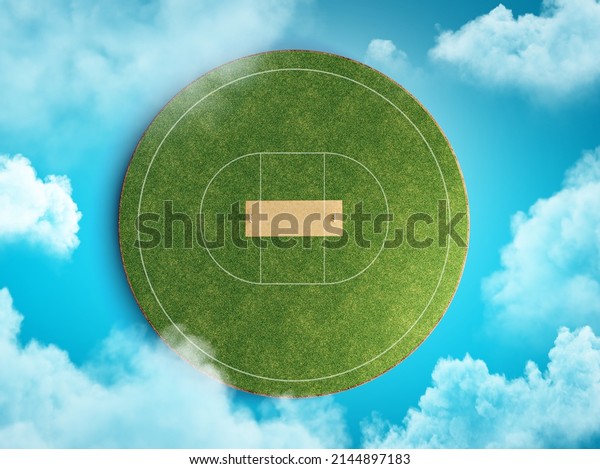 Cricket Field. cricket stadium on sky blue\
background and clouds 3d\
illustration