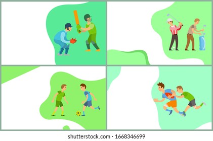 Cricket and golf, football and rugby people playing different kinds of sport, leading healthy lifestyle. Boys with bats and equipment for games. Website or webpage template, landing page flat style - Powered by Shutterstock