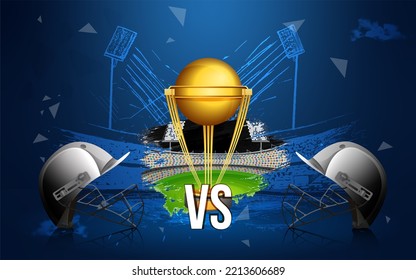 Cricket Match Championship League Concept With 2 Teams Match Vs Poster And Banner, Cricket Bat, Winning Cup Trophy