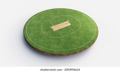 Cricket Stadium Front view on cricket pitch or ball sport game field, grass stadium or circle arena for cricketer series, green lawn or ground for batsman, bowler. Outfield 3D Illustration