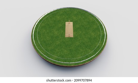 Cricket Stadium Top View On Cricket Pitch Or Ball Sport Game Field, Grass Stadium Or Circle Arena For Cricketer Series, Green Lawn Or Ground For Batsman, Bowler. Outfield 3D Illustration