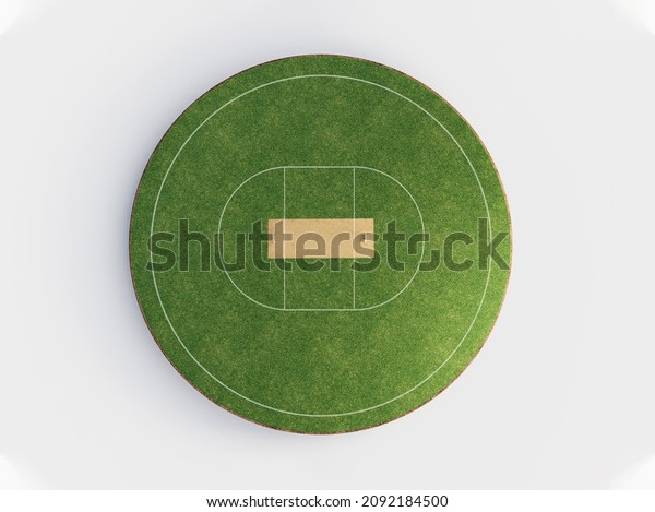 Cricket\
Stadium Top view on cricket pitch or ball sport game field, grass\
stadium or circle arena for cricketer series, green lawn or ground\
for batsman, bowler. Outfield 3D\
Illustration