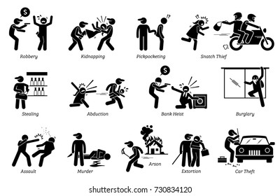 Crime And Criminal. Pictogram Depicts Various Criminal Activities That Include Robber, Kidnappers, Thief, Bank Heist, Assault, Murder, Arson, And Extortion.