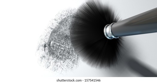 A crime scene brush dusting black talcum powder revealing and a fingerprint mark on an isolated white background
