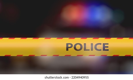 Crime Scene Police Tape With Police Car Background. 3d Illustration.