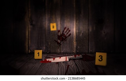 Crime Scene Proof, Science Police Investigation, and Murder Justice. Dark Wooden Vintage Interior with Bloody Knife and Blood Splash on floor as a crime proof