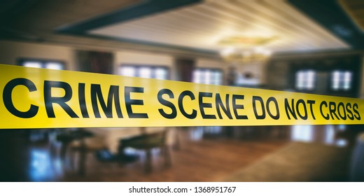 Crime Scene. Warning Yellow Tape, Text Crime Scene Do Not Cross, Dark Blur Room Background. 3d Illustration