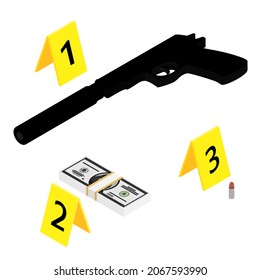 Crime Scene Yellow Evidence Markers Pistol Stock Illustration ...