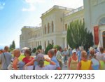 Crimea, Yalta, small royal palace in Livadia. Summer residence of the last Russian Tsar Nicholas II. Palace park, palace facade, Italian courtyard. Location of the Yalta conference.