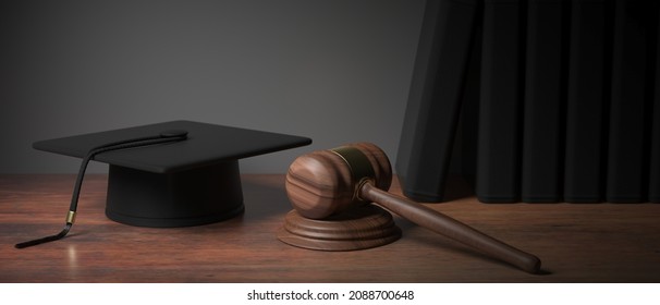 Criminal Law School. Lawyer Studies Graduate. Education Diploma Cap, Library Books And Judge Gavel On A Wooden Student Desk. Justice Degree, Legal Rights. 3d Illustration
