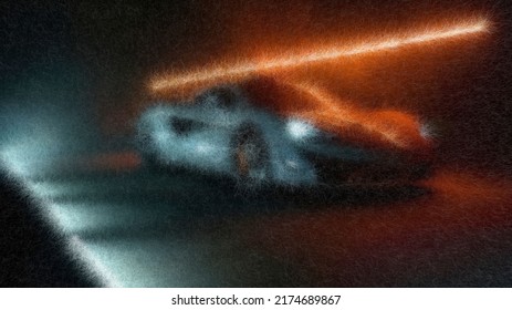 Crimped, Crinkled, Frizzed, And Kinked 3D Illustration Of A Sportscar Parked In A Big Garage With Reflections Coming Off Of Its Body. Very High Dimensions.  Must Zoom Into See Details.