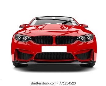 Crimson Red Modern Sport Racing Car - Front View Closeup Shot - 3D Illustration