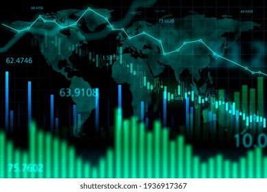 Crisis concept with falling down stock market graphs and diagram at world map background. 3D rendering