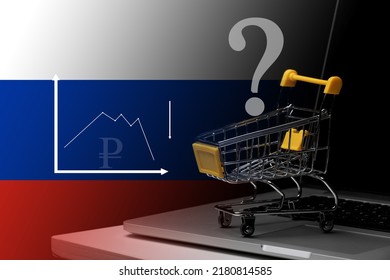 Crisis In Economic System In Russia Across War In Ukraine: Mini Shopping Cart On Laptop On Russian White, Blue And Red Flag.Sanctions Against Russia, Disconnect From SWIFT