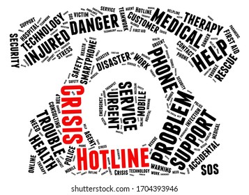 Crisis Hotline Old Telephone Shape Word Cloud Concept On White Background. 