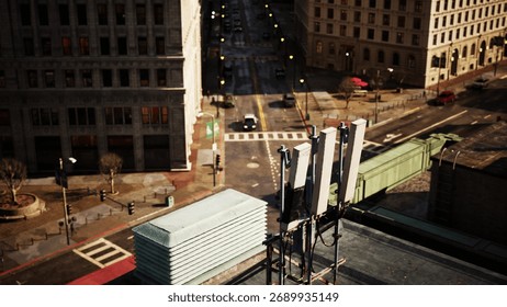 A crisp view from a rooftop captures the hustle of a city street below. Tall buildings frame the scene, while traffic moves steadily under clear blue skies. Green traffic lights signal life.