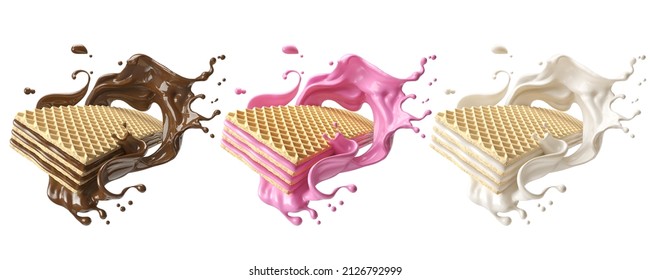 Crispy Cookie Chocolate Wafer Flavor With Milk Cream Splash On White Background, 3d Illustration.