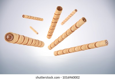 crispy cream filled wafer sticks With Cocoa or Chocolate isolated on white background, 3d illustration.