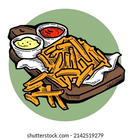 Crispy crunchy tasty French fries. Junk food for restaurant menu. Fried potatoes pommes frites unhealthy fast food. Hand drawn retro vintage colorful  illustration. Comics cartoon old style drawing.