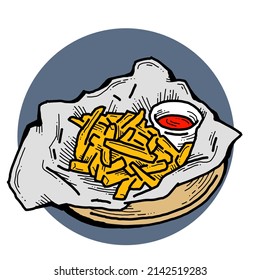 Crispy crunchy tasty French fries. Junk food for restaurant menu. Fried potatoes pommes frites unhealthy fast food. Hand drawn retro vintage colorful  illustration. Comics cartoon old style drawing.