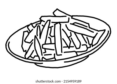 Crispy crunchy tasty French fries. Junk food for restaurant menu. Fried potatoes pommes frites unhealthy fast food. Hand drawn retro vintage black and white  illustration. Simple black line drawing.