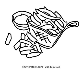 Crispy crunchy tasty French fries. Junk food for restaurant menu. Fried potatoes pommes frites unhealthy fast food. Hand drawn retro vintage black and white  illustration. Simple black line drawing.
