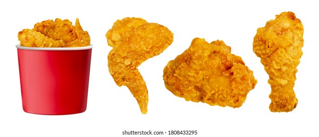 Crispy fried chicken pieces isolated on white background, 3d illustration