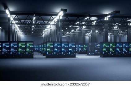 Critical components IT infrastructure helping businesses perform important tasks such as managing databases, hosting websites and storing files. Blade servers in empty data center, 3D. 3D Illustration - Powered by Shutterstock