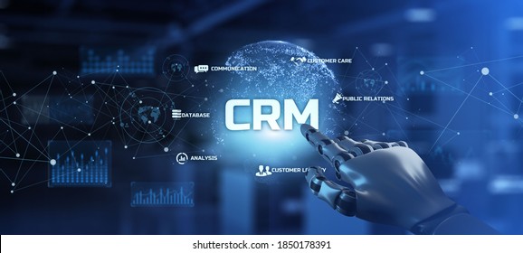 CRM Customer Relationship Management Business Process Automation Technology Concept. Robotic Arm Pressing Button Concept. 3d Rendering.