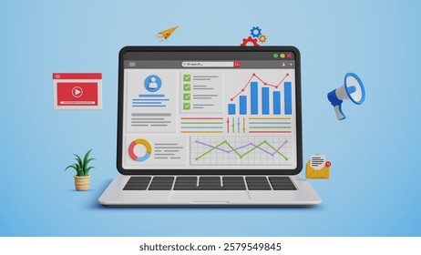 CRM, data management system, KPI, business report and statistics, automated database, sales, operation and marketing concept. 3D laptop with business data dashboard analysis