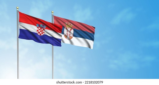 Croatia Flag With Serbia Flag, 3D Rendering With A Cloudy Blue Sky