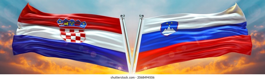 Croatia Flag And Slovenia Flag Waving With Texture Sky Clouds And Sunset Double Flag - 3D Illustration - 3D Render 