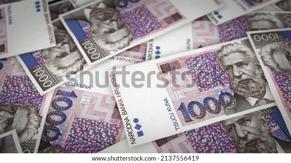 Croatia Kuna sheet of money print 3d\
illustration. HRK banknotes printing background concept of finance,\
economy crisis, inflation and\
business.