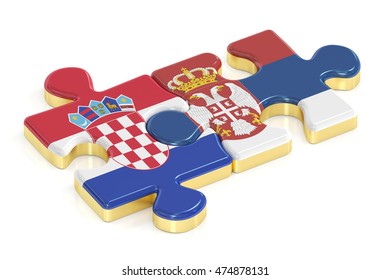 Croatia And Serbia Puzzles From Flags, 3D Rendering 