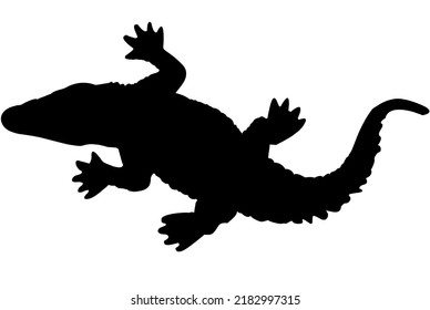 Crocodile Silhouette From Above Aerial Birds Eye View Of Large Aquatic Deadly Green Reptile Wild Animal Long Scaly Tail Big Snappy Sharp Toothed Mouth Digital Art Work Black And White Stencil Art.  